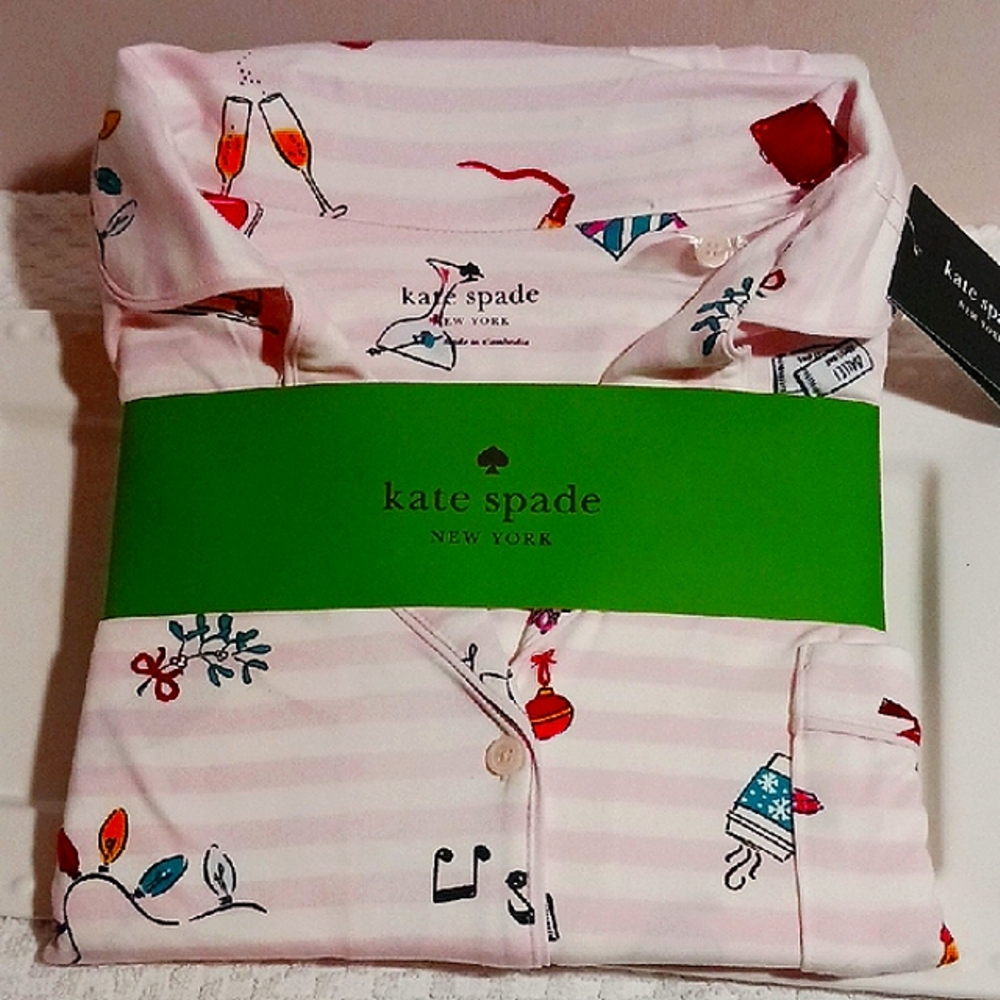 Kate Spade Light Pink Stripe Festive Pajama Set XL ⛸️🎵👛💄🥂🍾🍸 - Picture 13 of 13